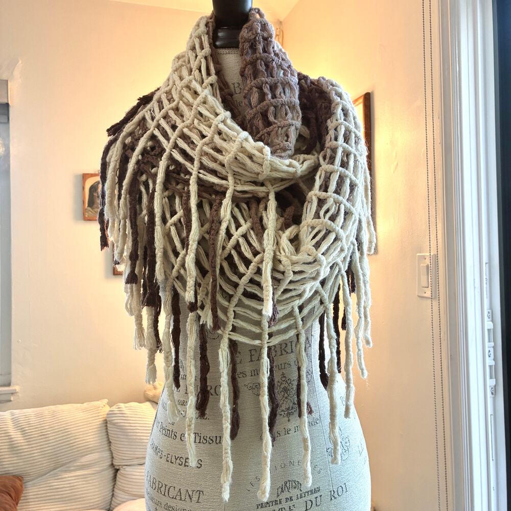 D&Y Ombre Open Knit Fringe Infinity Scarf Brown Cream Boho Winter Mesh